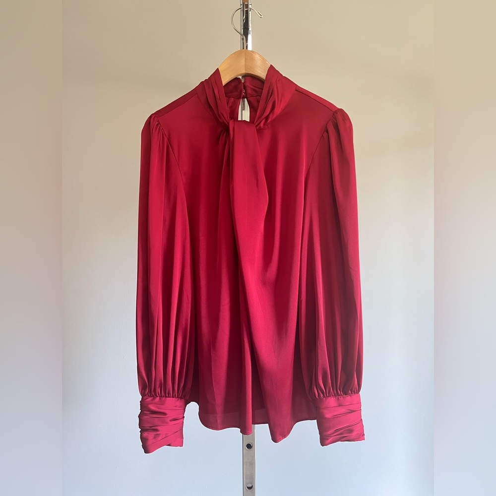 WHBM NWOT Indulgent Wine Satin Twist Neck Ruched Long Sleeve Blouse 2